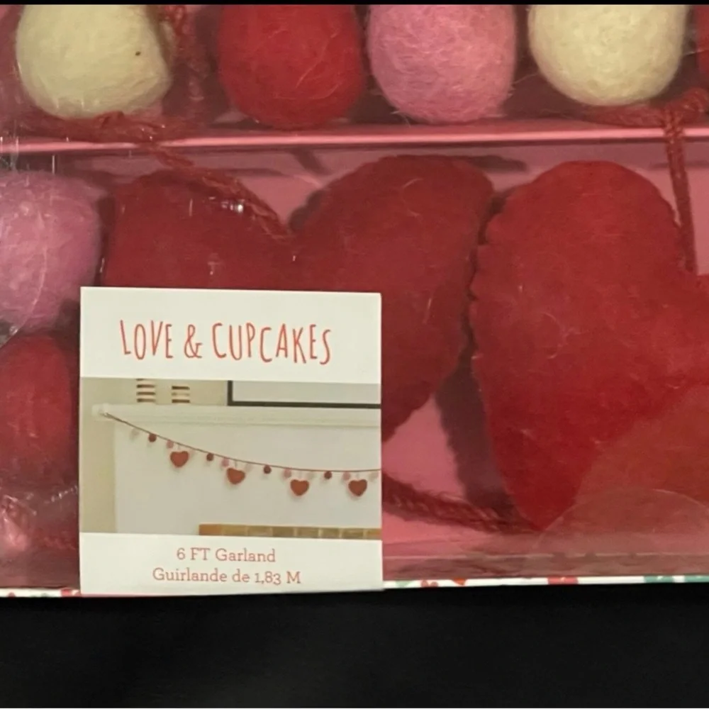 Valentines Love & Cupcakes Hearts and Pom Poms Garland - Felt Hearts Garland